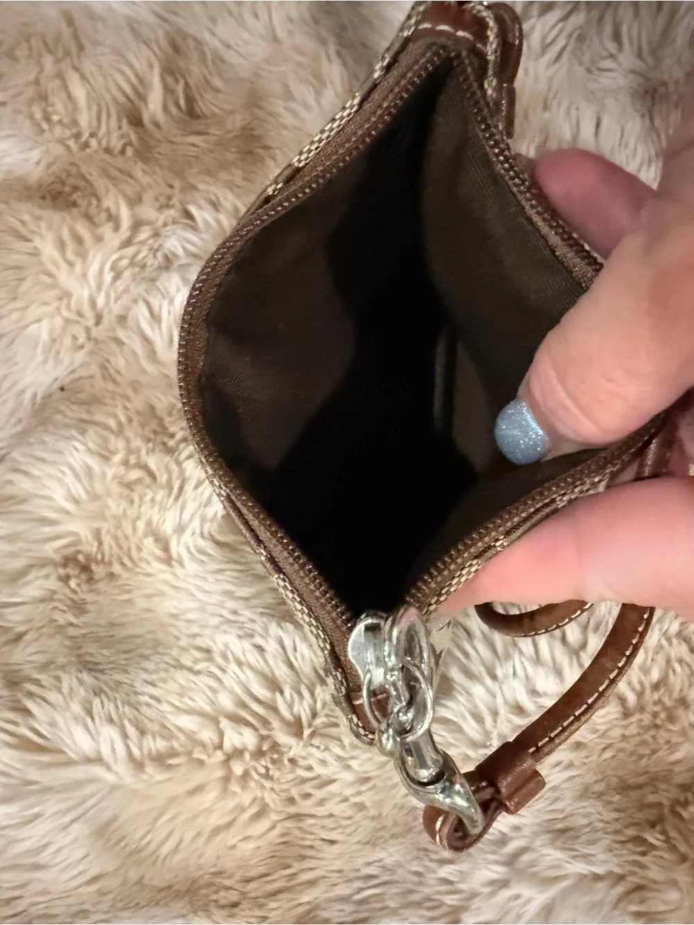 COACH Signature C Khaki Brown Canvas Wristlet | Leather Trim